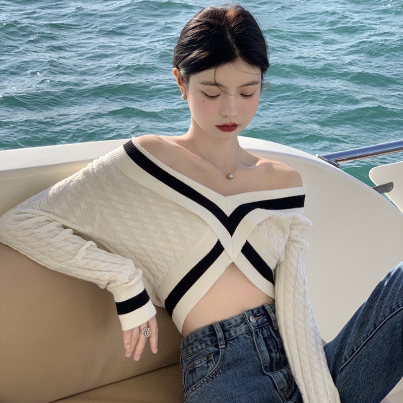 Áo Len Croptop Tay Dài Cổ Chữ V Thời Trang Hàn Quốc Dành Cho Nữ