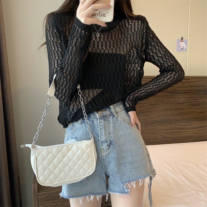 SUXI Áo Dệt Kim Tay Dài Cổ Tròn Hở Vai Màu Sắc Trơn Dành Cho Nữ