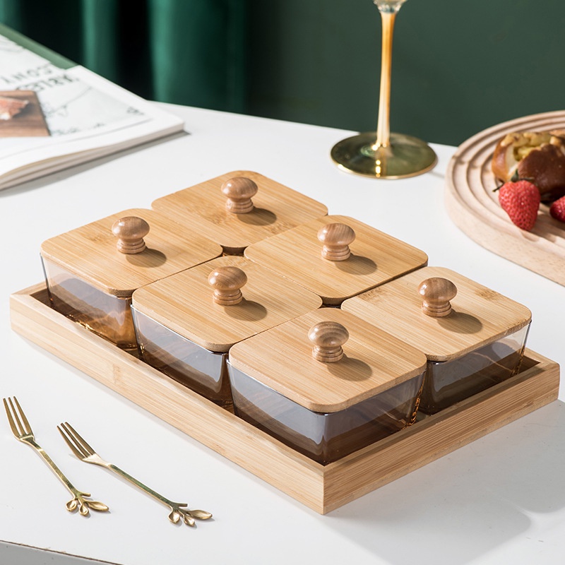 Khay mứt Tết 6 hũ thủy tinh màu hổ phách , đồ đựng ô mai, kẹo bánh: 13.68