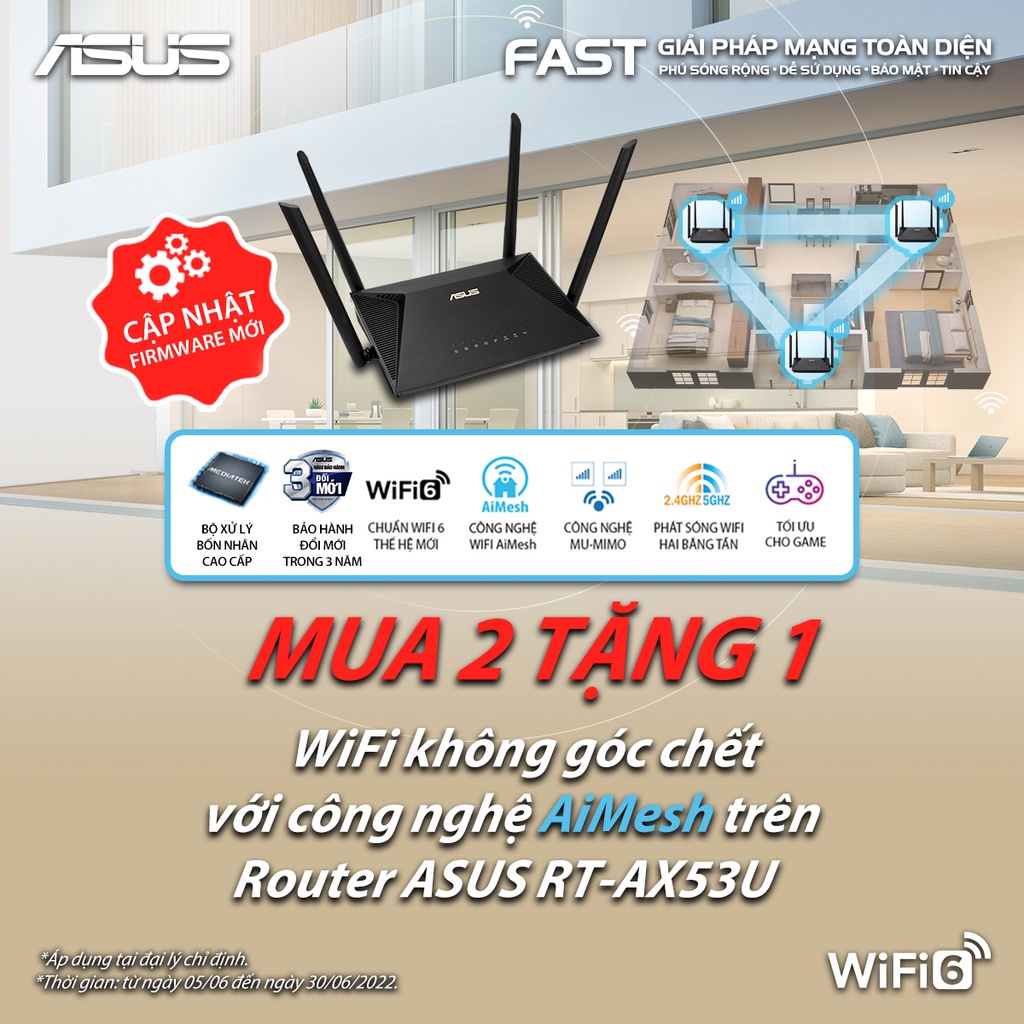 Gaming Router ASUS RT-AX56U Wifi AX1800 2 băng tần | Wifi 6  | AiMesh 360 WIFI Mesh | AiProtect