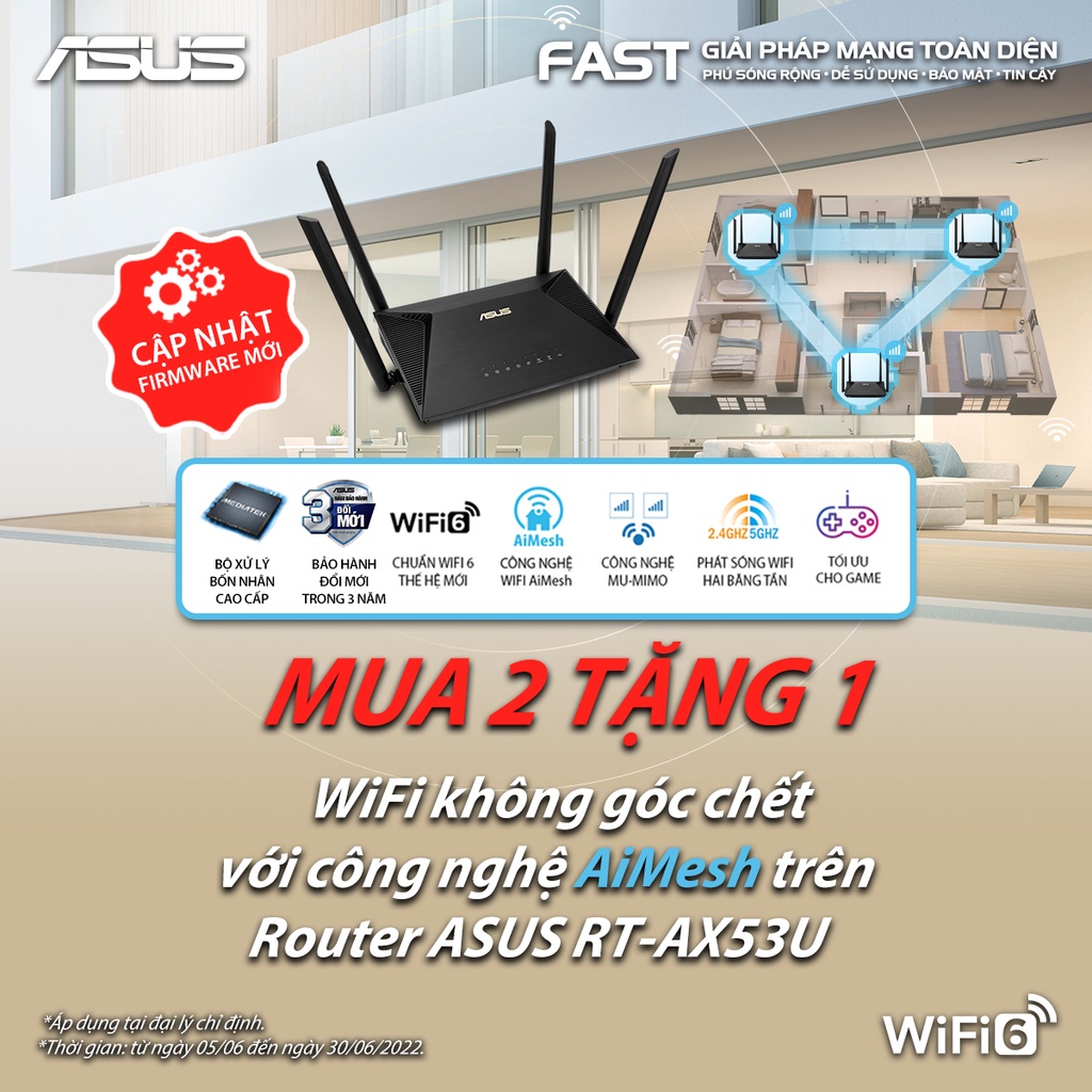 [MUA 2 TẶNG 1] Gaming Router ASUS RT-AX56U Wifi AX1800 2 băng tần | Wifi 6 (802.11ax) | AiMesh 360 WIFI Mesh | AiProtect