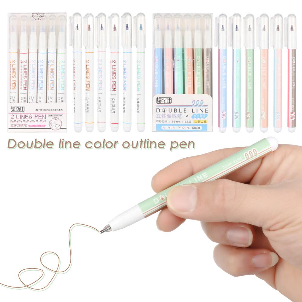 ♫DAPHNE♫ 6Pcs/Set Hot Writing Tools Hand Account Double Line Pen Stationery Two-Color DIY Mark Student Contour