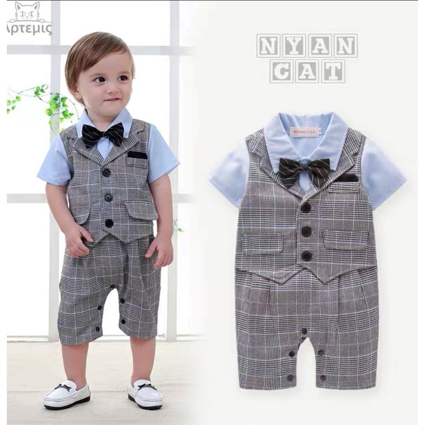 (Video)Body công tử vest kẻ ngắn tay hè bé trai 0-2 tuổi bodysuit cho bé cao cấp