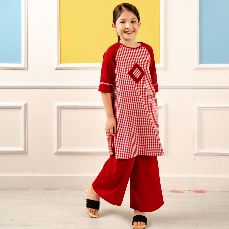 Áo dài tết cách tân màu đỏ cho bé gái, bé trai Econice G2. Size váy trẻ em 3, 4, 5, 6, 7, 8, 9, 10, 11, 12 tuổi