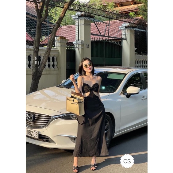 Đầm dây dáng dài cut eo hồng trendy