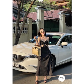 Đầm dây dáng dài cut eo hồng trendy