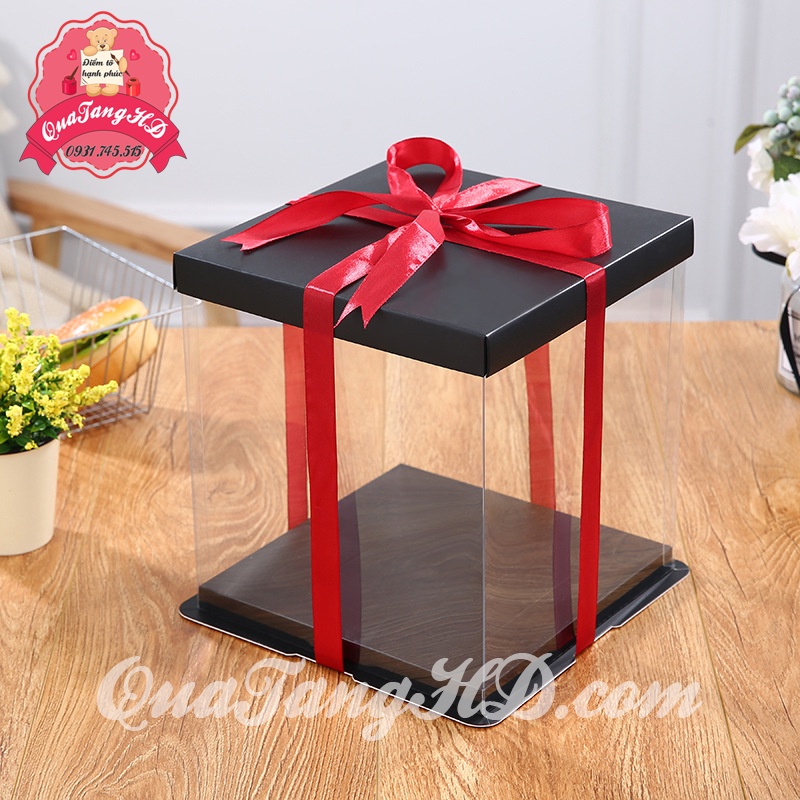 Hộp đựng bánh kem mica trong suốt 2 nắp 22cm không gồm ruy băng