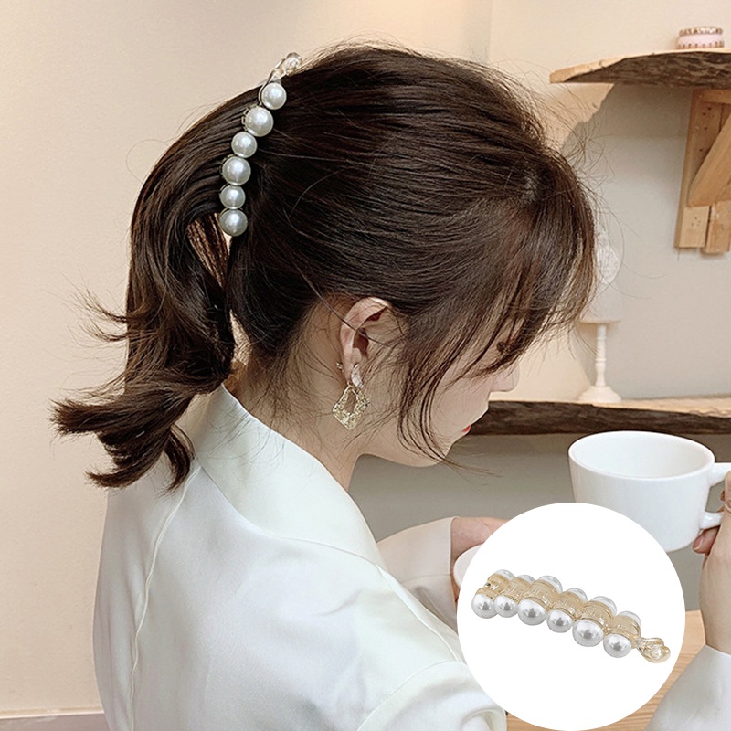 Kẹp tóc hình quả chuối đính ngọc trai nhân tạo để tạo kiểu tóc đuôi ngựa