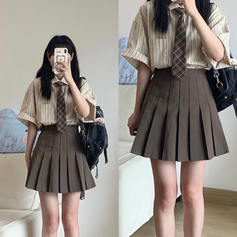 Set Áo Sơ Mi Kẻ Sọc Phối Chân Váy Xếp Ly Ngắn Tay Thời Trang Mùa Hè Cho Nữ