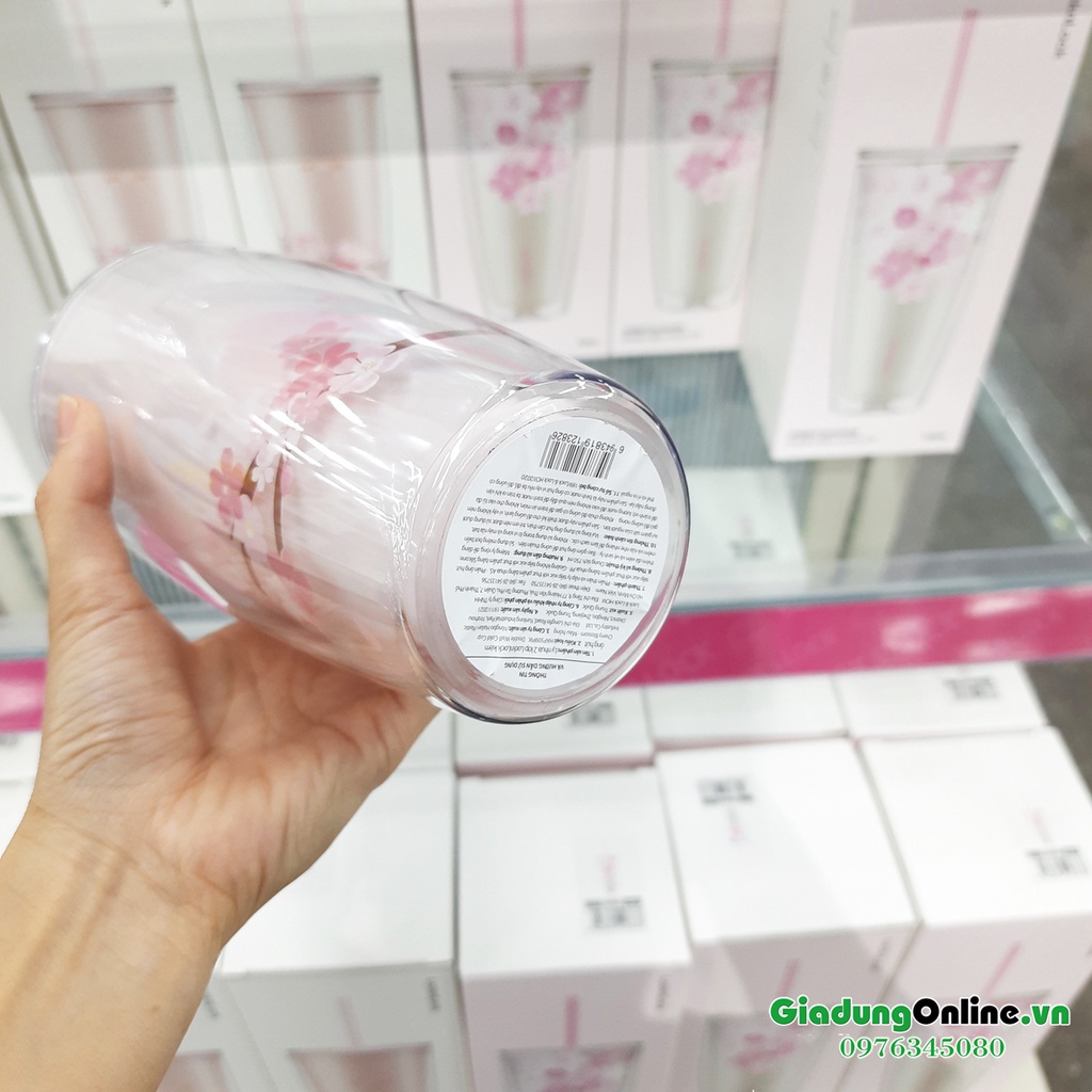 Ly Nhựa 2 lớp LocknLock Cherry Blossom Kèm Ống Hút HAP509WHT / HAP509PIK 750ml - Hàng chính hãng