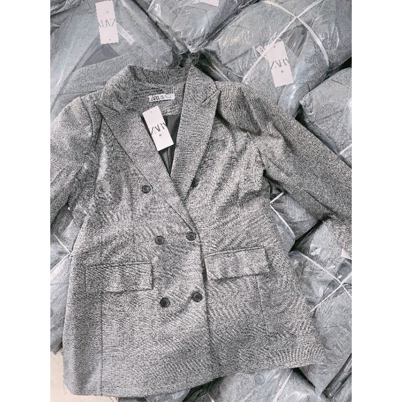 Blazer vest xám kẻ 6 khuy z.a.r.a đi làm sang chảnh