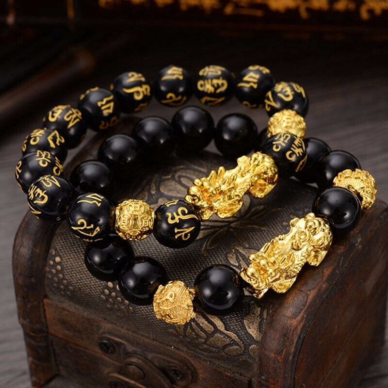 Feng Shui Obsidian Stone Beads Bracelet Men Women Wristband Pixiu Wealth and Good Luck Bracelet