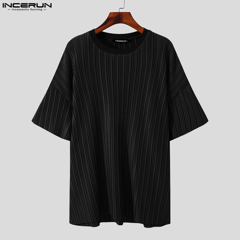 Áo thun nam INCERUN cổ tròn tay ngắn dáng rộng thời trang Hàn Quốc 3 màu tùy chọn