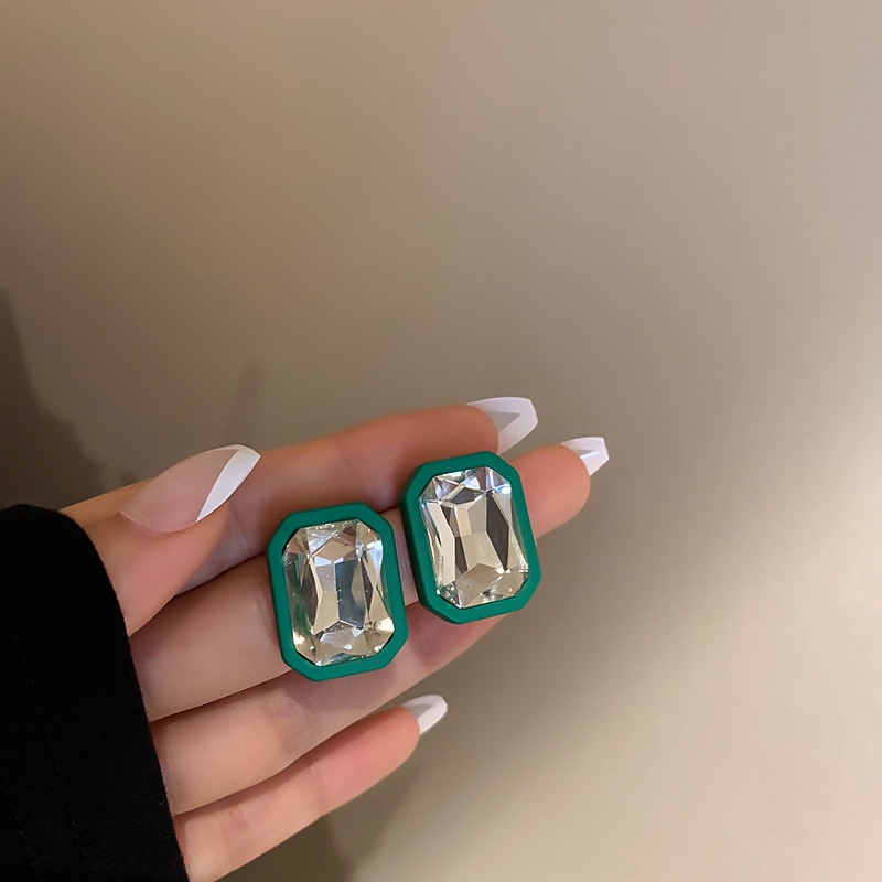 Bông tai bạc 925 hình học đính kim cương giả phong cách retro Hàn Quốc