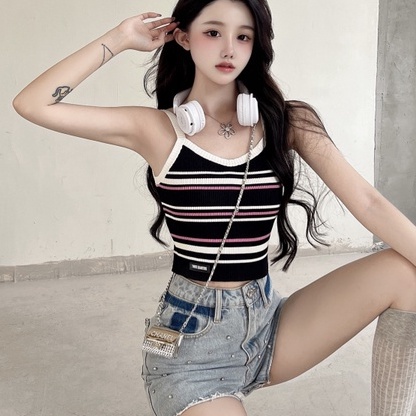 Áo kiểu ZHELIHANGFEI vải dệt kim không tay lưng cao họa tiết kẻ sọc phong cách quyến rũ