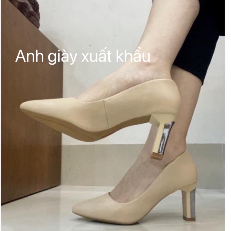 CG44 - Giày cao gót Sata&amp;Jor da lì gót vuông 7p viền kim loại cực chắc chắn