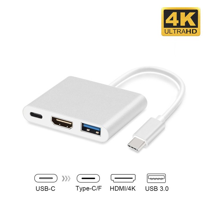 Cáp 3 in 1 chuyển đổi typeC sang HDMI/ USB/ TypeC VS - hỗ trợ chất lượng 4K (Xám)