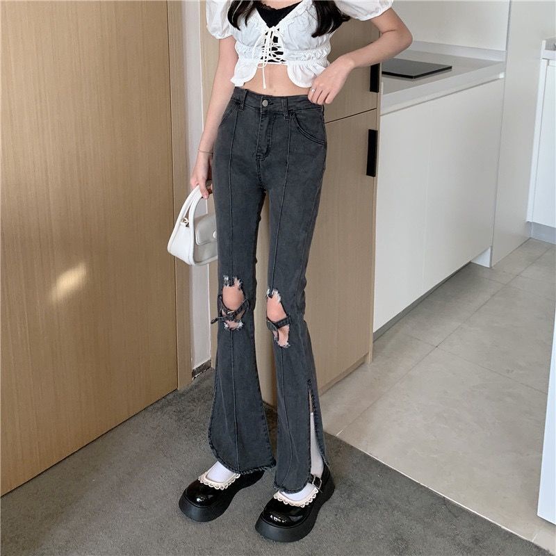 Quần Jean Nữ Lưng Cao Ống Đứng Rách Gối Kiểu Retro Thời Trang Xuân Thu Mới 19