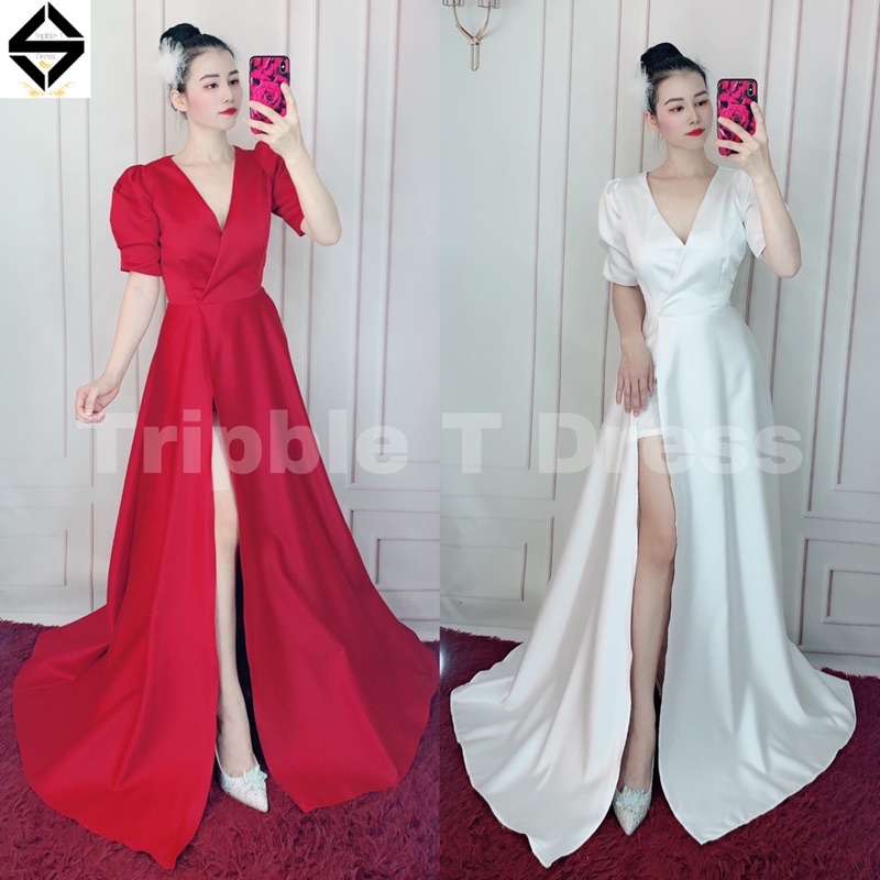 Đầm maxi cổ V đắp chéo tay phồng xẻ đùi có quần trong TRIPBLE T DRESS - MS183Y
