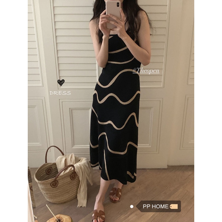 Đầm Dệt Kim Ôm Dáng Họa Tiết Kẻ Sọc Gợn Sóng Phong Cách Retro