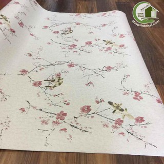 Giấy dán tường hoa đào màu hồng, khổ 1,2m có sẵn keo
