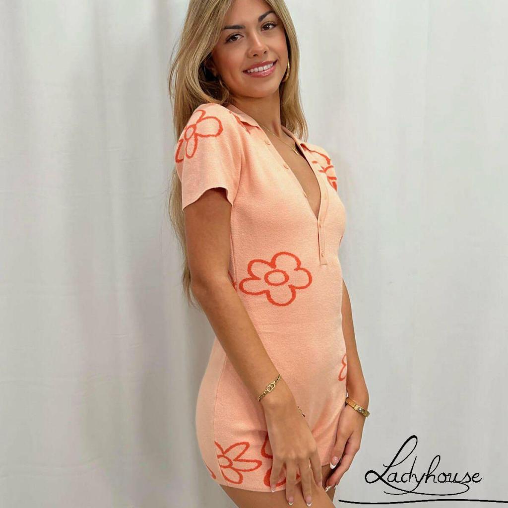 Ldd- Bộ Áo Liền Quần Dệt Kim Tay Ngắn Cổ Chữ V Cài Nút Màu Hồng Họa Tiết Hoa Thời Trang Mùa Hè Dành Cho Nữ