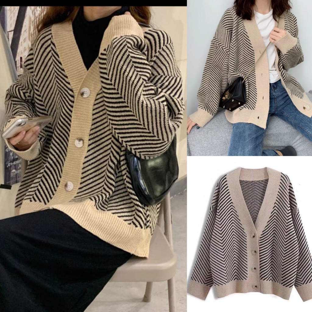 Áo khoác len cardigan nữ đáng dài form rộng họa tiết kẻ sọc xương cá hàng đẹp - A672