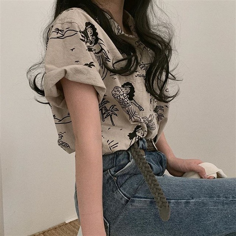 Áo Sơ Mi Ngắn Tay Dáng Rộng In Họa Tiết Retro Đơn Giản Dễ Phối Đồ