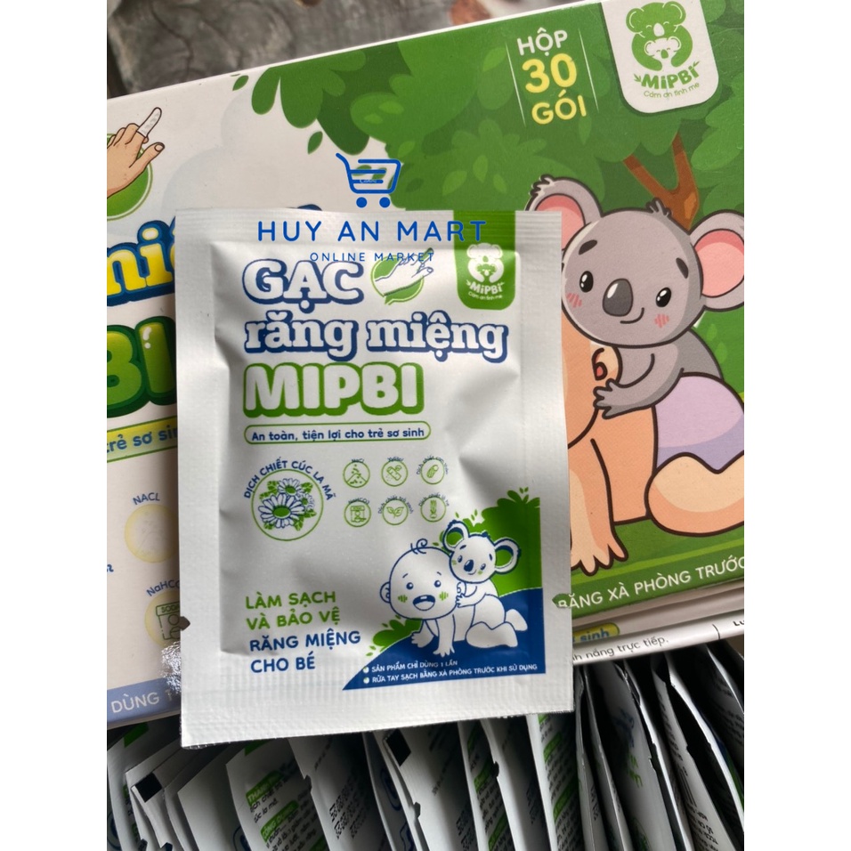 Gạc răng miệng Mipbi hộp 30 gói ⚡FREESHIP⚡ Rơ lưỡi Mipbi làm sạch và bảo vệ răng miệng cho bé
