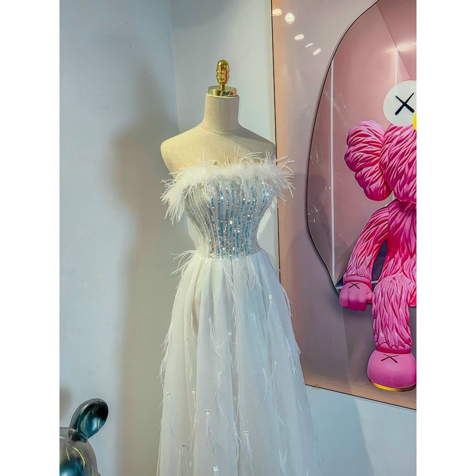 Đầm maxi cúp ngực lưới phối lông kết cườm TRIPBLE T DRESS - size M/L - MS386V