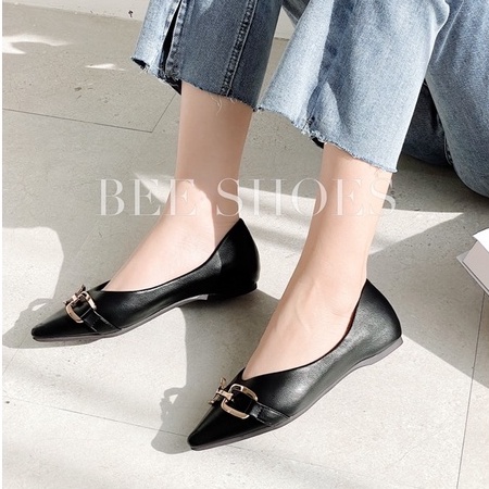 BEESHOES - GIÀY BÚP BÊ NỮ MŨI NHỌN  - GIÀY BÚP BÊ NỮ DA LÌ SẴN MÀU ĐEN - BE 211130