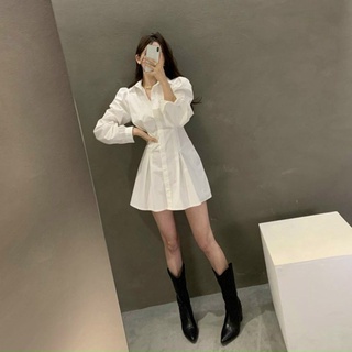 Đầm váy freesize trắng sơ mi xếp li eo