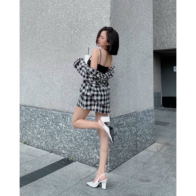 Sét váy 3 món thời trang nữ mặc đi chơi chất kakte bố caro đen đỏ kèm áo lót cotton sang chảnh