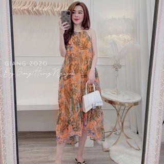 đầm maxi đi biển 2 dây lá dừa đuôi cá chất voan lụa
