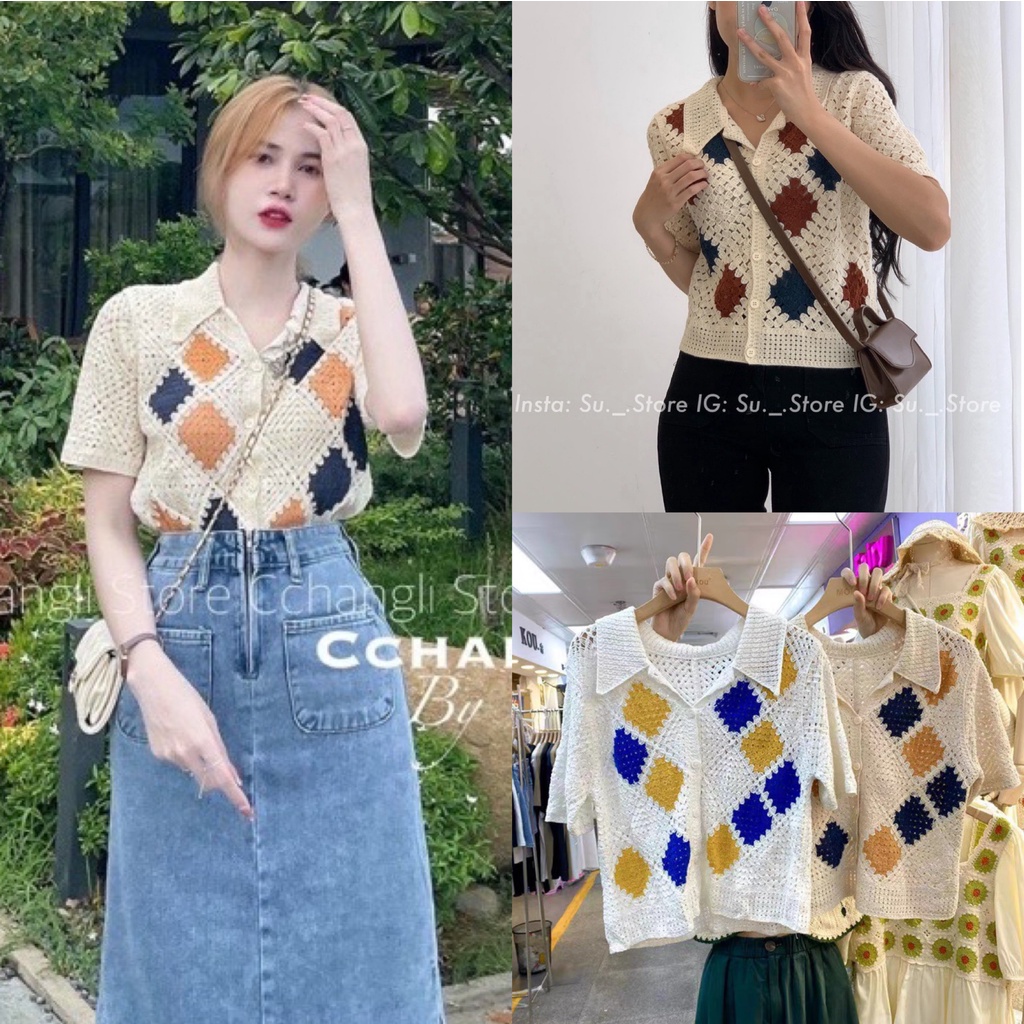 Áo len ren đan móc thổ cẩm hoạ tiết siêu xinh,áo cardigan len ô trám cổ bẻ cài khuy
