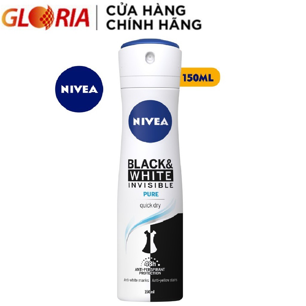 [Mã COSGLORIAT4 -8% đơn 250K] Xịt Ngăn Mùi Nivea Black &amp; White 5in1 Ngăn Vệt Ố Vàng Vượt Trội 150ml - 82230