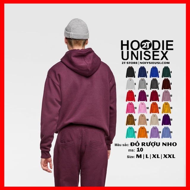 Áo hoodie unisex 2T Store H10 màu đỏ rượu nho - Áo khoác nỉ chui đầu nón 2 lớp dày dặn đẹp chất lượng | BigBuy360 - bigbuy360.vn