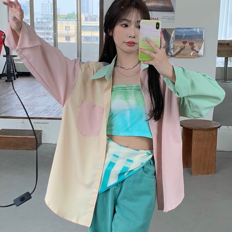 SUXI Áo Sơ Mi Tay Dài Chống Nắng Màu Sắc Tương Phản Thời Trang Mùa Hè Cho Nữ