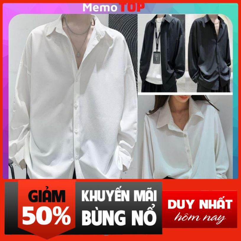 Áo sơ mi form rộng nam nữ OVERSIZE dài tay Hàn Quốc Trắng và Đen chất lụa đẹp Memotop *