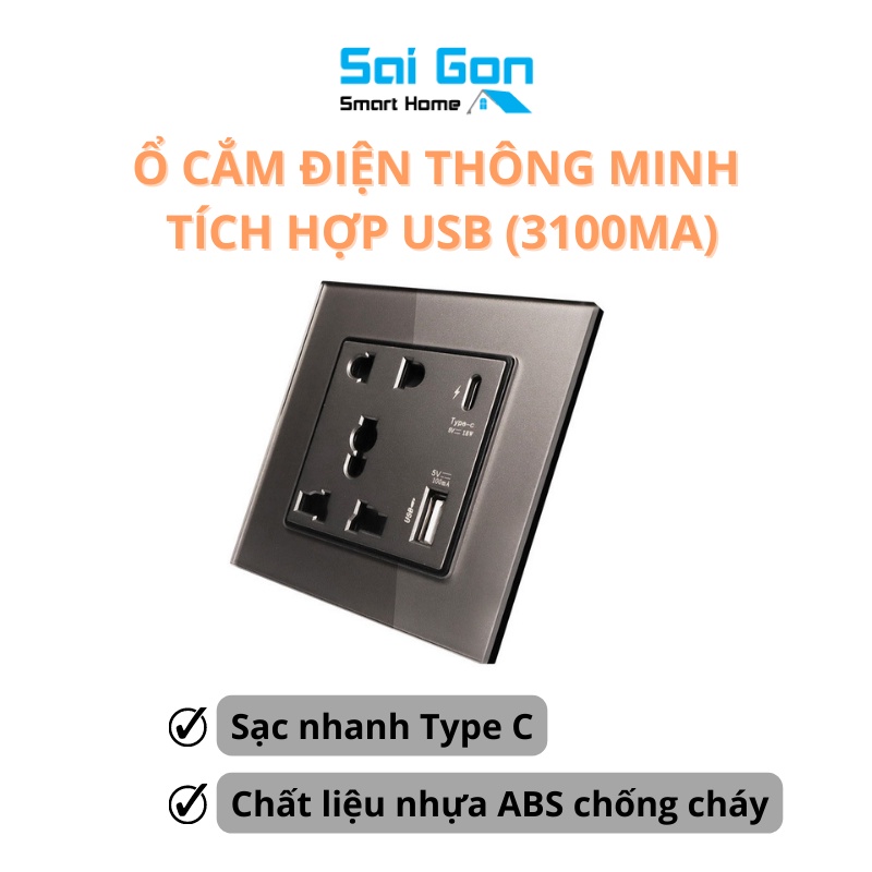 Ổ Cắm Điện Chuẩn Vuông Mặt Kính Tích Hợp cổng Usb, Sạc Nhanh Type C