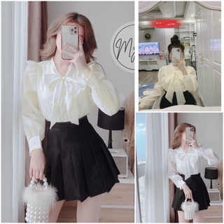 Áo sơ mi nữ phối bèo nơ cổ, sơ mi công sở, sơ mi cách điệu.