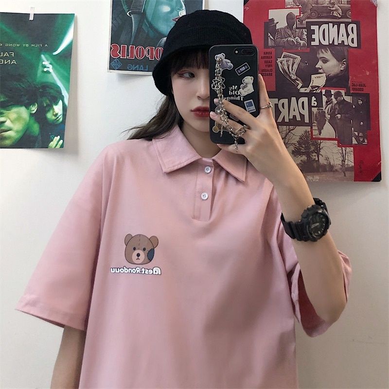 Áo Polo Tay Lỡ Nam Nữ In Hình Mặt Gấu Oversize Form Rộng Unisex