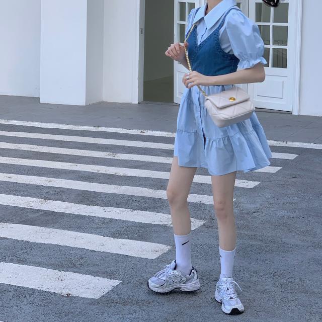 Set đầm tay phồng + áo không tay phong cách retro xinh xắn dành cho nữ