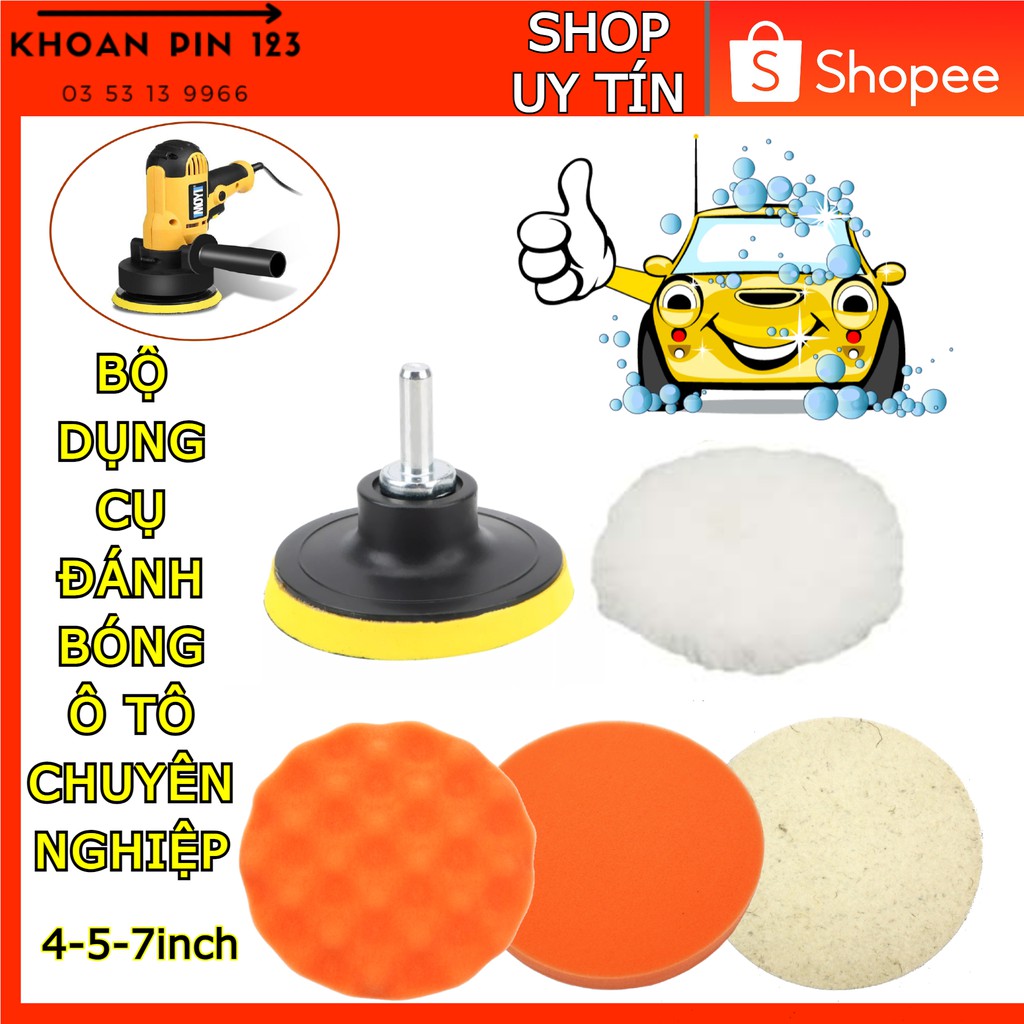 [4/5/7inch] Bộ dụng cụ phớt, mút xốp, pad nỉ, đế nhựa tự dính M14 đánh bóng xe hơi ô tô (6 món)