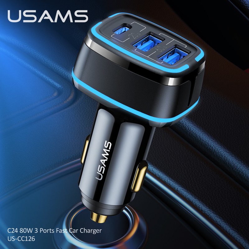 Tẩu Sạc USAMS Cao Cấp Dùng Trên Xe Hơi 3 Cổng Usb C24 80w Dành Cho IPHONE OPPO SAMSUNG HUAWEI VIVO XIAOMI