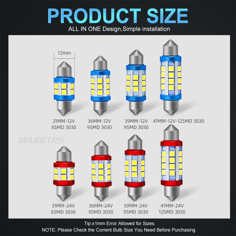 Bộ 2 Bóng Đèn LED MAXGTRS 12V 24V Chip Festoon C5W C10W 3030 Canbus 6000K Dùng Làm Đèn Nội Thất/Đèn Biển Số Xe