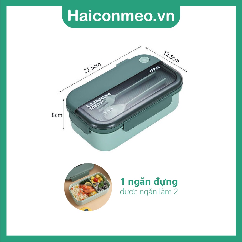 Hộp Cơm văn phòng LUNCH BOX Nhựa Dẻo PP Có 2 Ngăn Và Nắp Kèm Đũa Muỗng 1100ml