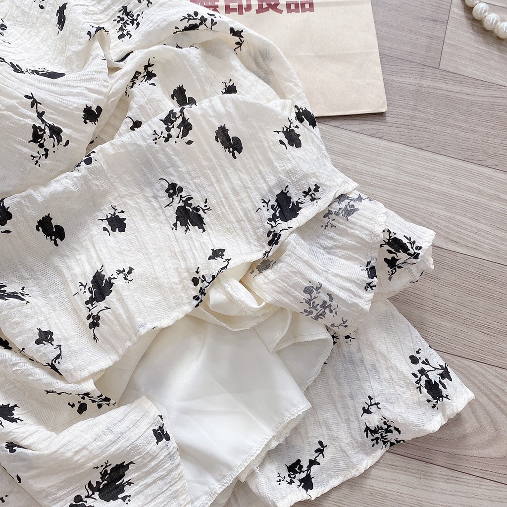 [Ảnh thật/Video] Set váy 2 dây hoa nhí đen dáng dài kèm áo cadigan mỏng khoác ngoài