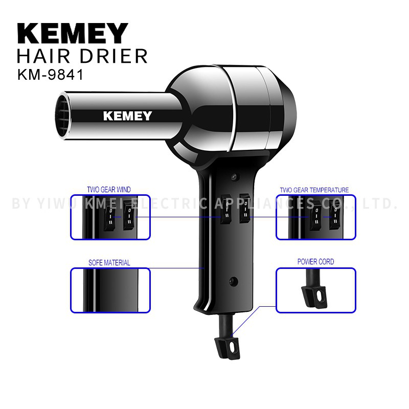 Máy sấy tóc Kemei chuyên nghiệp như salon có đầu sấy 2 cấp nhiệt 2 tốc độ công suất cao 4000W thân kim loại