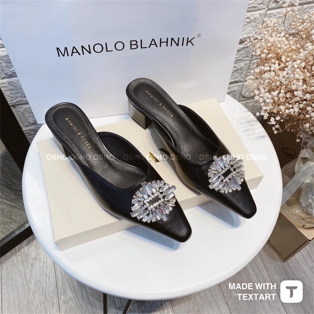 Sục cao gót nơ đá đế vuông cao cấp 4cm OSHO, thiết kế mũi nhọn, chất da mềm sang trọng, êm chân